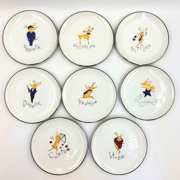 Pottery Barn Other - 8 Pottery Barn Reindeer Appetizer Plates Coasters Christmas Holiday 4" Japan